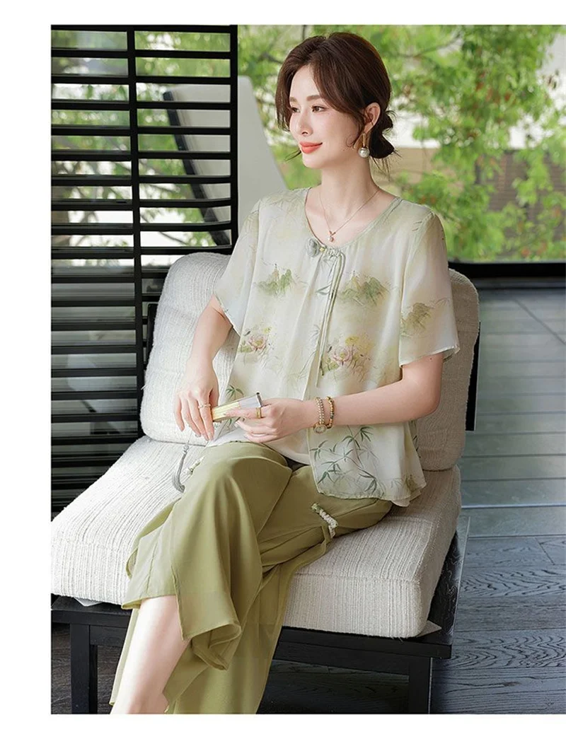 Mid aged Mother Summer Suit 2026 New Women's Short Sleeve Top Foreign Chiffon Two Piece Set Female Elegant Print Set