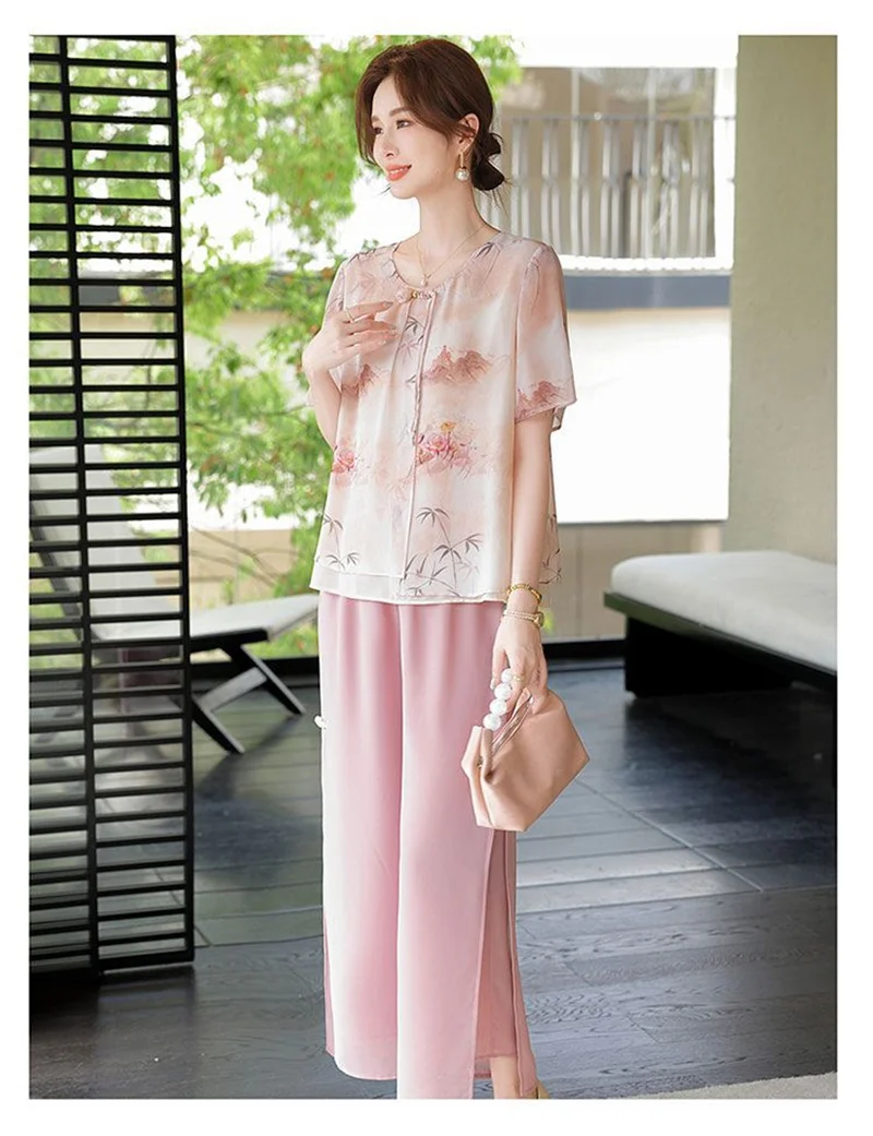 Mid aged Mother Summer Suit 2026 New Women's Short Sleeve Top Foreign Chiffon Two Piece Set Female Elegant Print Set