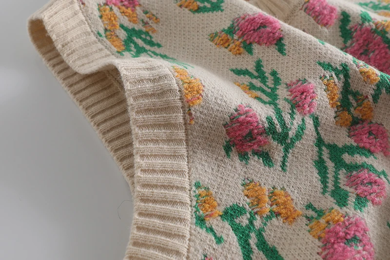 Women's Vintage Flower Knitted Sweater Vests, Japanese Mori Style, O-neck, Baggy Sleeveless Tops, Casual Retro Jumpers, Autumn