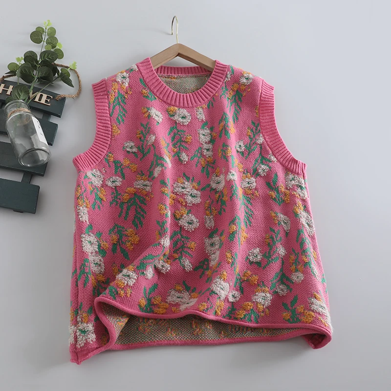 Women's Vintage Flower Knitted Sweater Vests, Japanese Mori Style, O-neck, Baggy Sleeveless Tops, Casual Retro Jumpers, Autumn