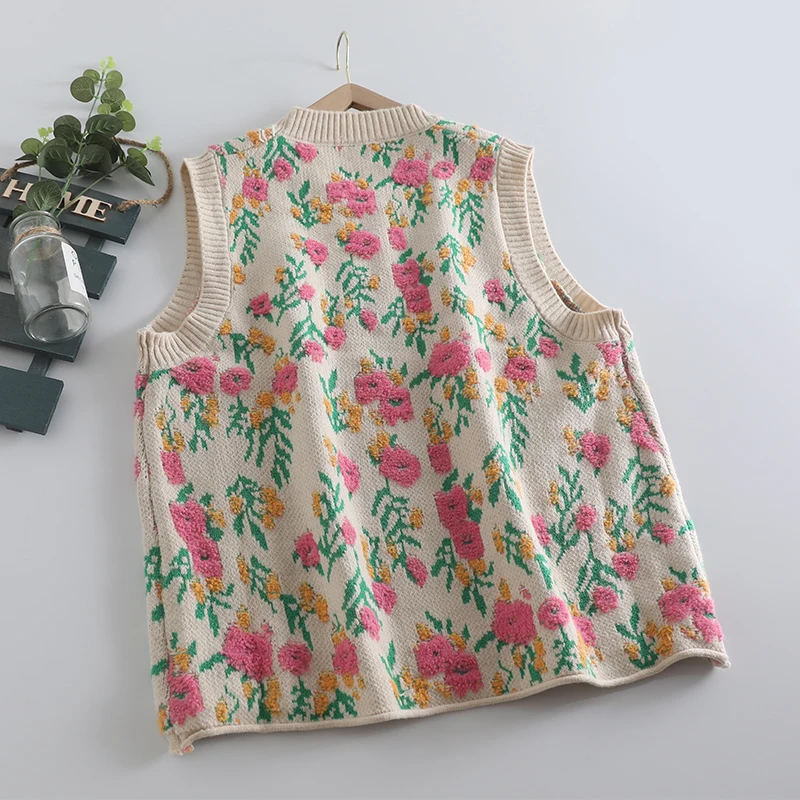 Women's Vintage Flower Knitted Sweater Vests, Japanese Mori Style, O-neck, Baggy Sleeveless Tops, Casual Retro Jumpers, Autumn