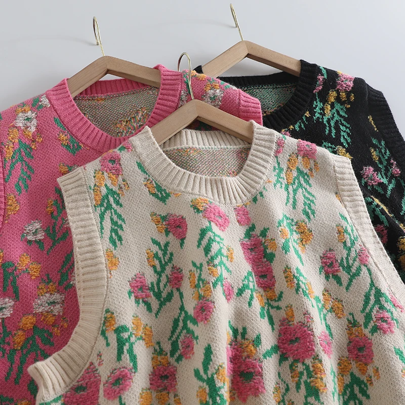Women's Vintage Flower Knitted Sweater Vests, Japanese Mori Style, O-neck, Baggy Sleeveless Tops, Casual Retro Jumpers, Autumn