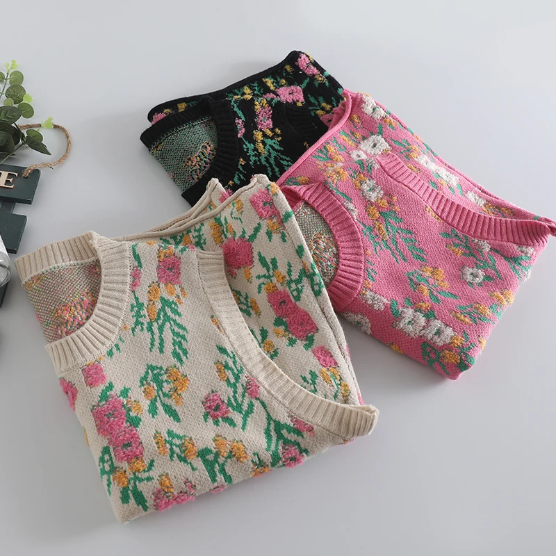 Women's Vintage Flower Knitted Sweater Vests, Japanese Mori Style, O-neck, Baggy Sleeveless Tops, Casual Retro Jumpers, Autumn