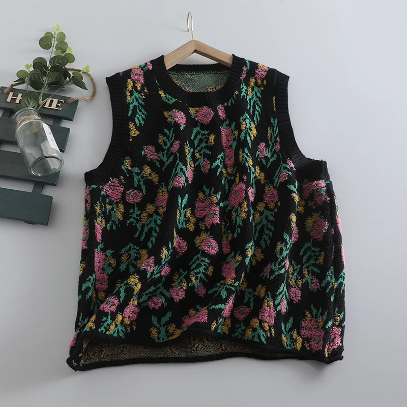 Women's Vintage Flower Knitted Sweater Vests, Japanese Mori Style, O-neck, Baggy Sleeveless Tops, Casual Retro Jumpers, Autumn