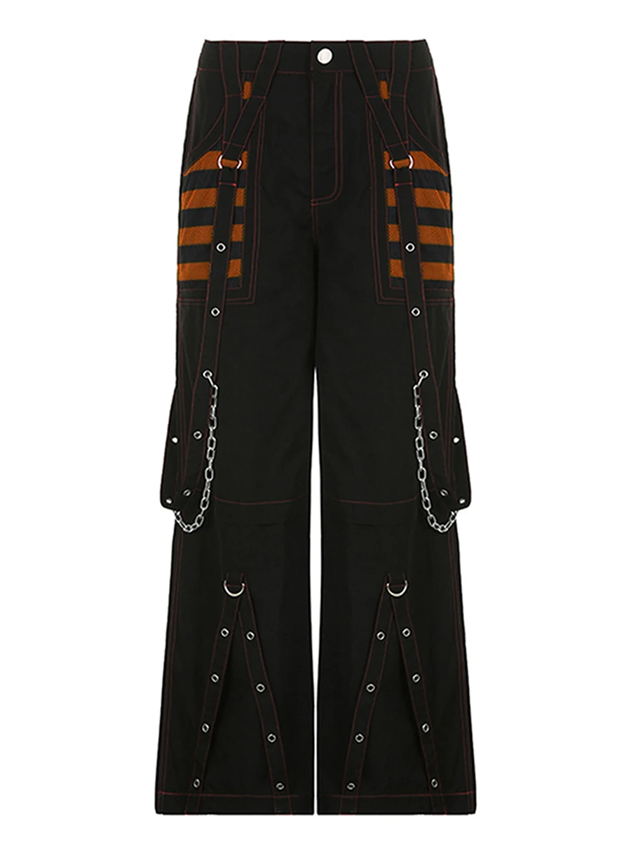 Women Cargo Jeans Striped Zipper Button Closure Loose Casual Trousers Streetwear with Pockets Fall Spring Clothes Punk Y2K 90s