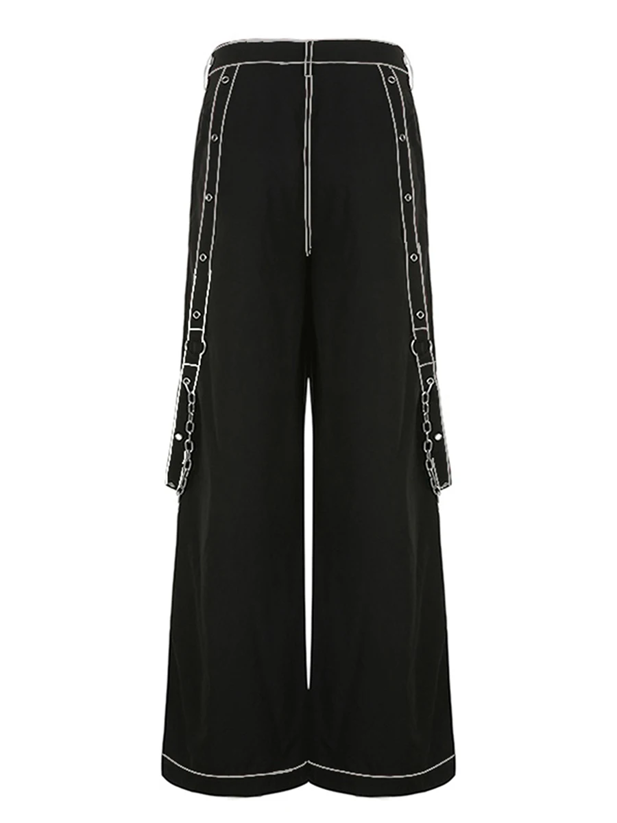 Women Cargo Jeans Striped Zipper Button Closure Loose Casual Trousers Streetwear with Pockets Fall Spring Clothes Punk Y2K 90s