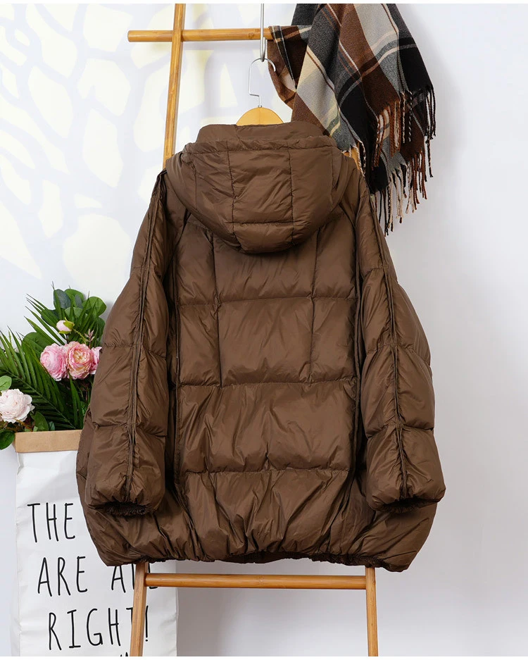 Schinteon Women White Duck Down Jacket with Hood Autumn Winter Warm Outwear Casual Loose Over Size Outwear Korean Style Coat New