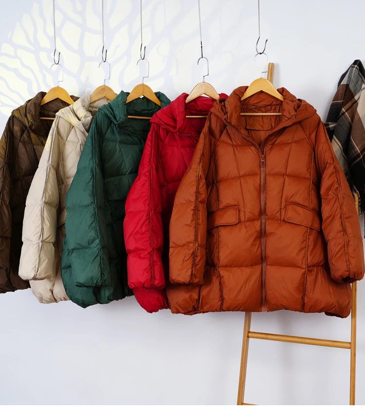 Schinteon Women White Duck Down Jacket with Hood Autumn Winter Warm Outwear Casual Loose Over Size Outwear Korean Style Coat New