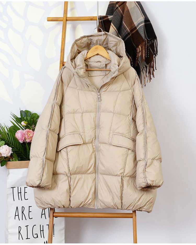 Schinteon Women White Duck Down Jacket with Hood Autumn Winter Warm Outwear Casual Loose Over Size Outwear Korean Style Coat New