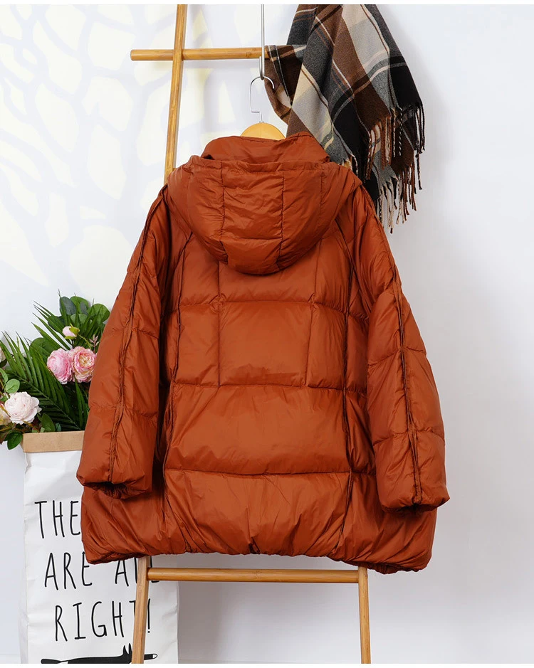 Schinteon Women White Duck Down Jacket with Hood Autumn Winter Warm Outwear Casual Loose Over Size Outwear Korean Style Coat New