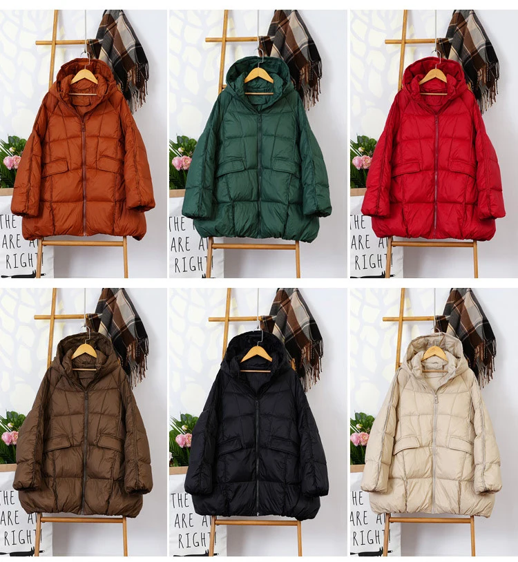 Schinteon Women White Duck Down Jacket with Hood Autumn Winter Warm Outwear Casual Loose Over Size Outwear Korean Style Coat New
