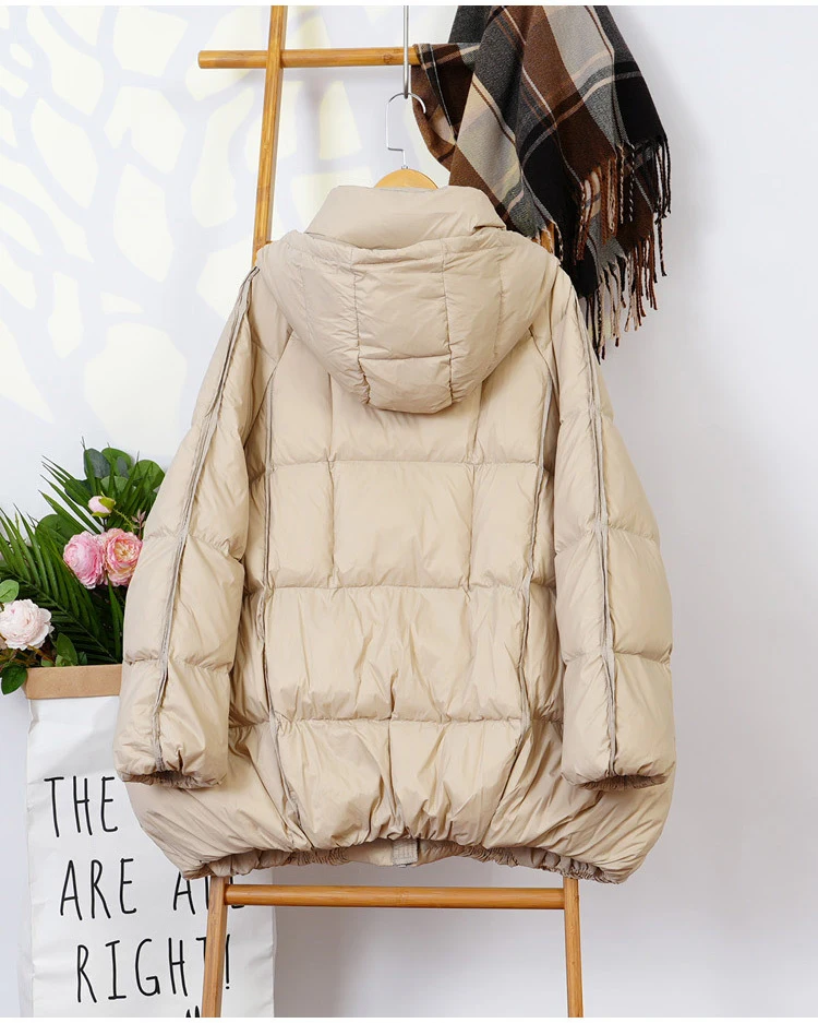 Schinteon Women White Duck Down Jacket with Hood Autumn Winter Warm Outwear Casual Loose Over Size Outwear Korean Style Coat New