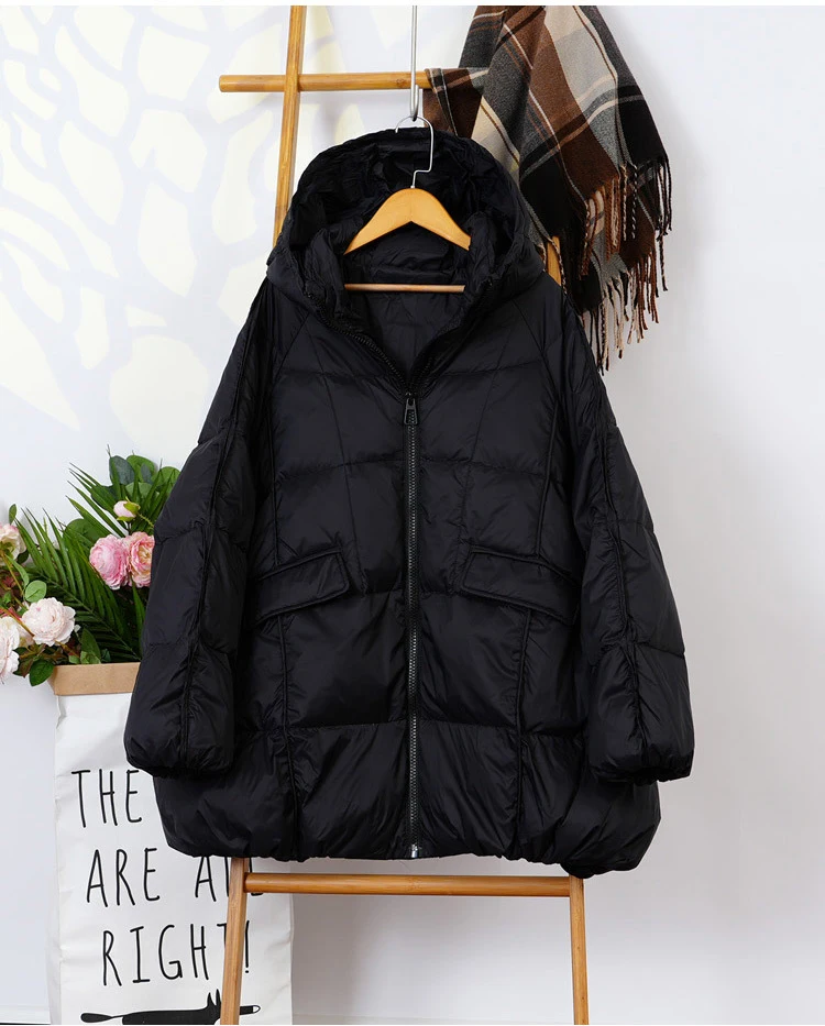 Schinteon Women White Duck Down Jacket with Hood Autumn Winter Warm Outwear Casual Loose Over Size Outwear Korean Style Coat New
