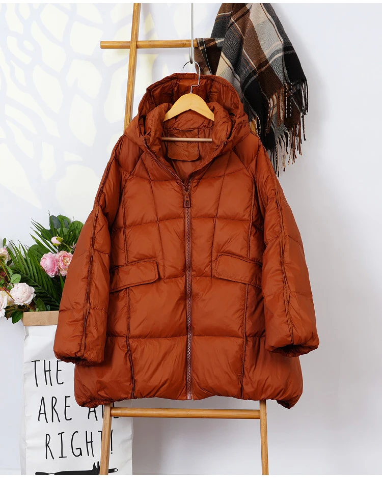 Schinteon Women White Duck Down Jacket with Hood Autumn Winter Warm Outwear Casual Loose Over Size Outwear Korean Style Coat New