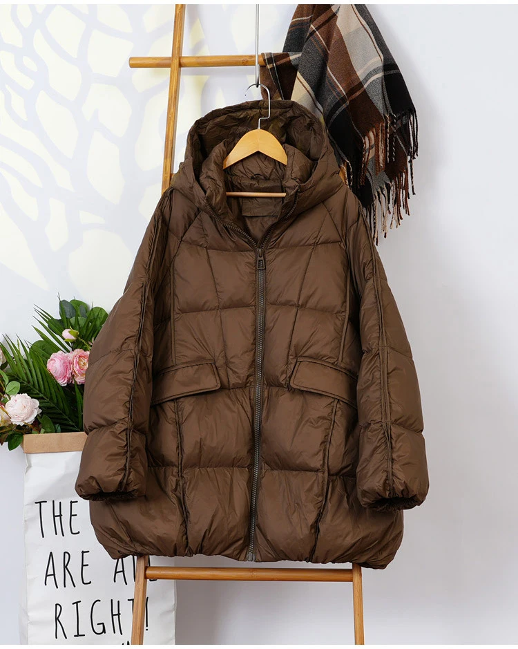 Schinteon Women White Duck Down Jacket with Hood Autumn Winter Warm Outwear Casual Loose Over Size Outwear Korean Style Coat New