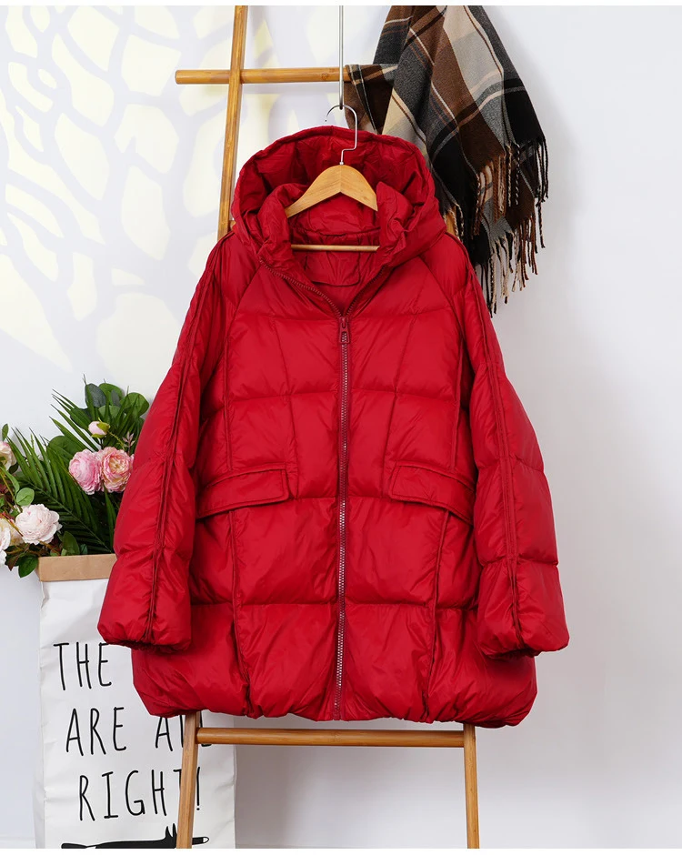 Schinteon Women White Duck Down Jacket with Hood Autumn Winter Warm Outwear Casual Loose Over Size Outwear Korean Style Coat New