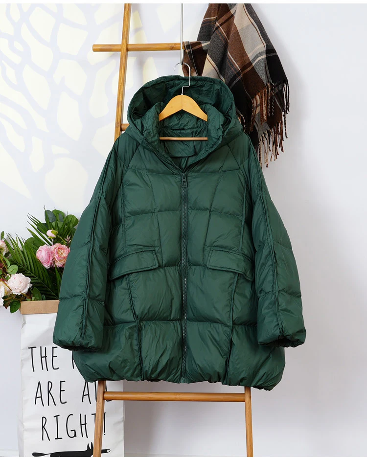 Schinteon Women White Duck Down Jacket with Hood Autumn Winter Warm Outwear Casual Loose Over Size Outwear Korean Style Coat New