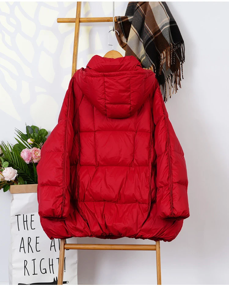 Schinteon Women White Duck Down Jacket with Hood Autumn Winter Warm Outwear Casual Loose Over Size Outwear Korean Style Coat New