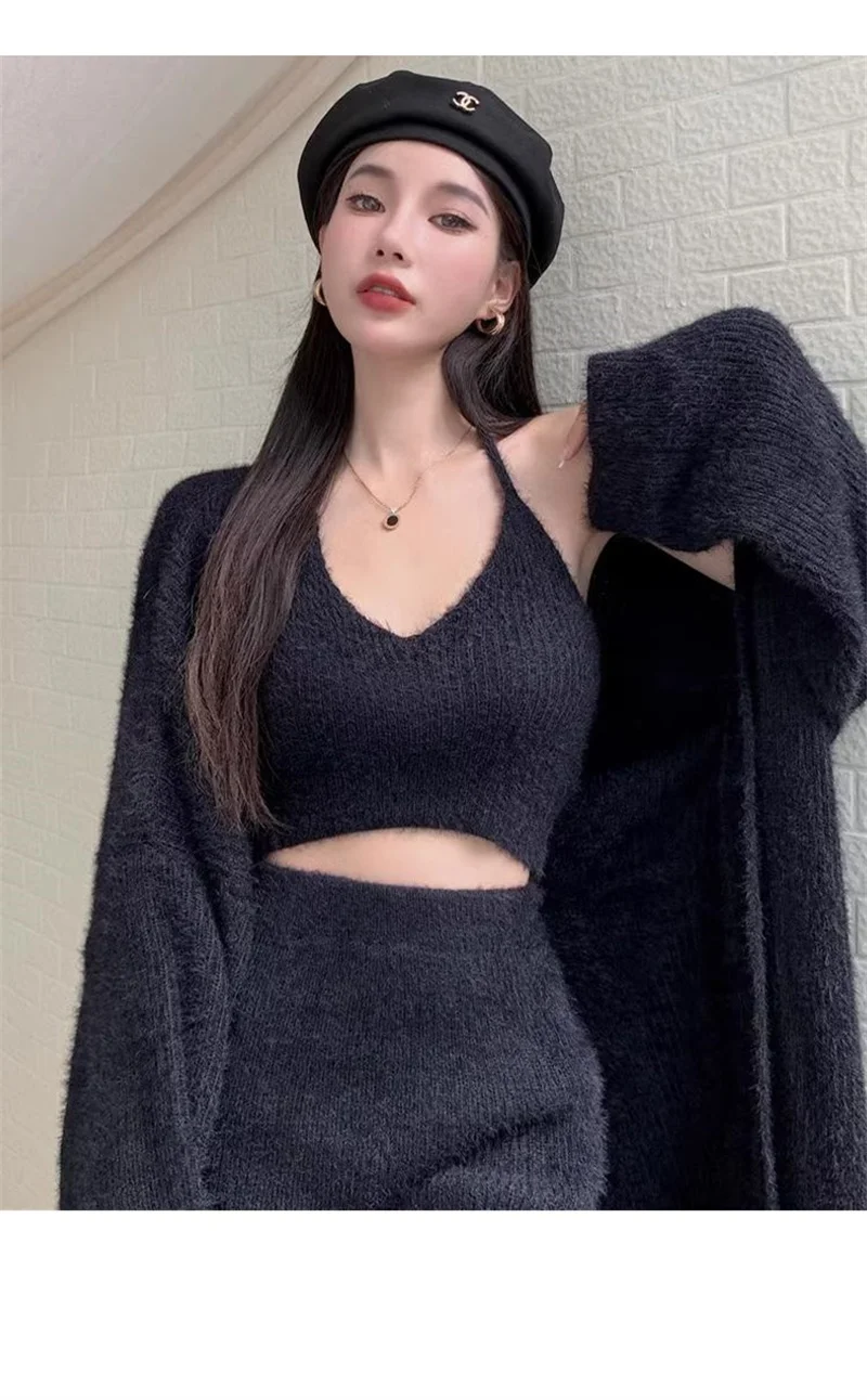 Lnternet Famous hot Girl Three Piece Set for Women's 2024 Autumn Winter Suspender Half Skirt lazy Style Outerwear Cardigan Set
