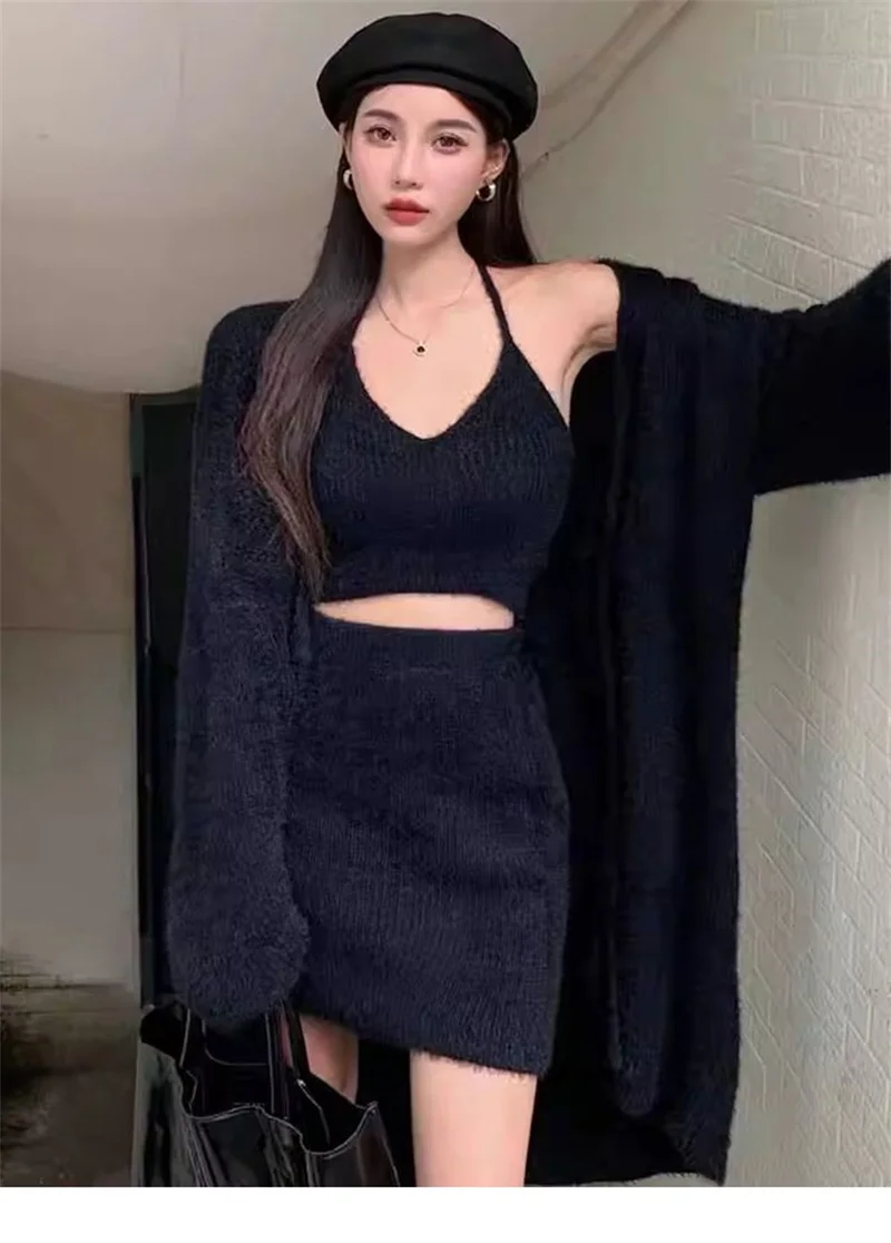 Lnternet Famous hot Girl Three Piece Set for Women's 2024 Autumn Winter Suspender Half Skirt lazy Style Outerwear Cardigan Set