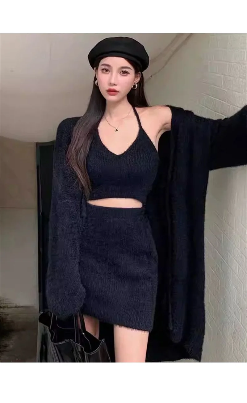 Lnternet Famous hot Girl Three Piece Set for Women's 2024 Autumn Winter Suspender Half Skirt lazy Style Outerwear Cardigan Set