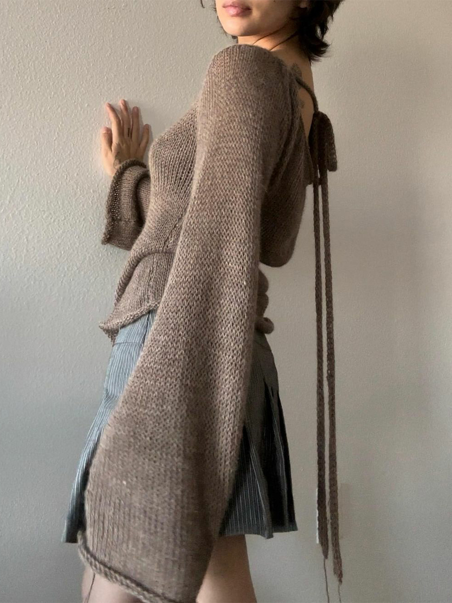 Fashion Women's T-shirt Tie Back Sweaters Long Sleeve Boat Neck Solid Color Knit Pullover Casual Tops Streetwear Y2k Summer Cami