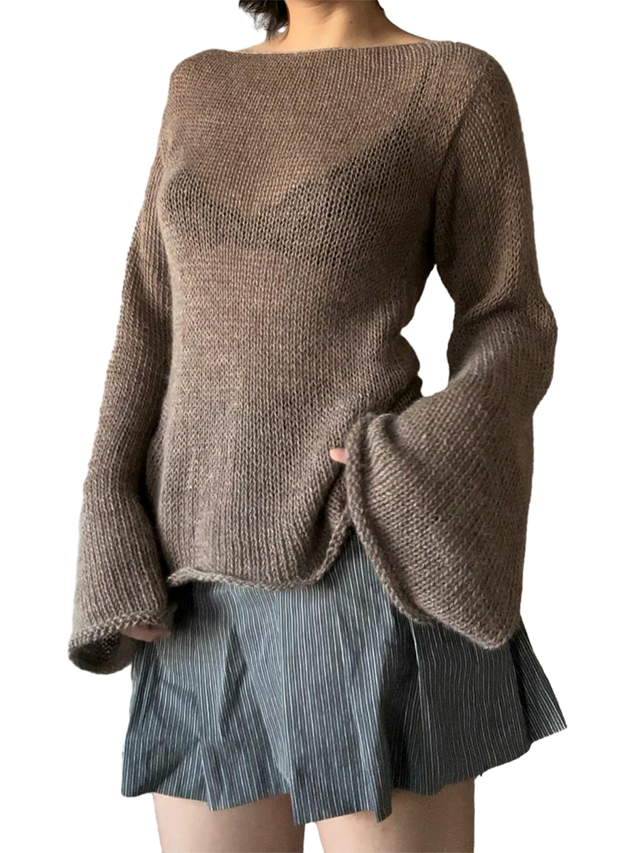 Fashion Women's T-shirt Tie Back Sweaters Long Sleeve Boat Neck Solid Color Knit Pullover Casual Tops Streetwear Y2k Summer Cami