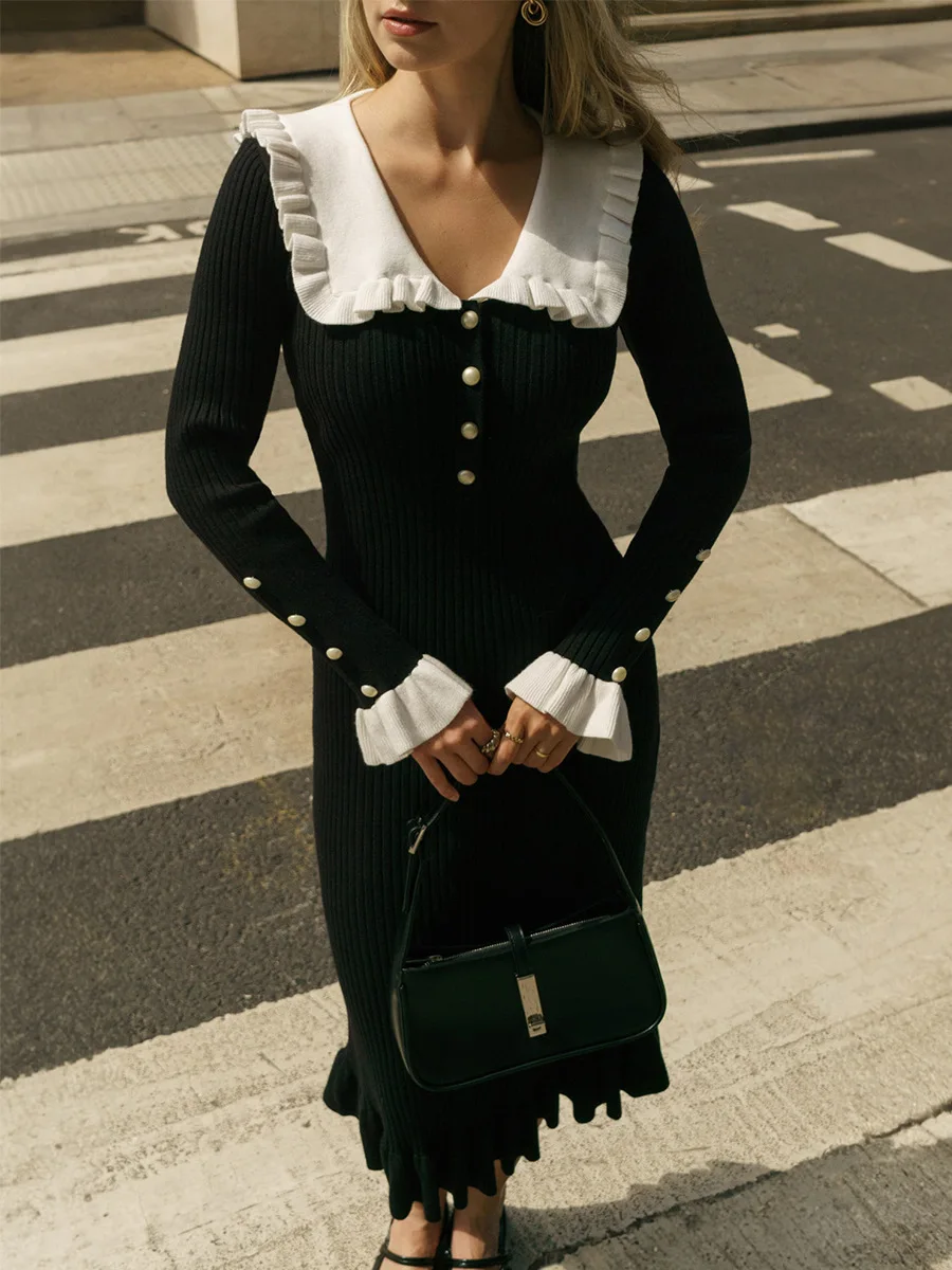 Cryptographic Elegant Knitted Ruffle Trim Sweater Dress Outfits for Women Fall Winter Fashion Vintage Midi Dresses Slim Clothes