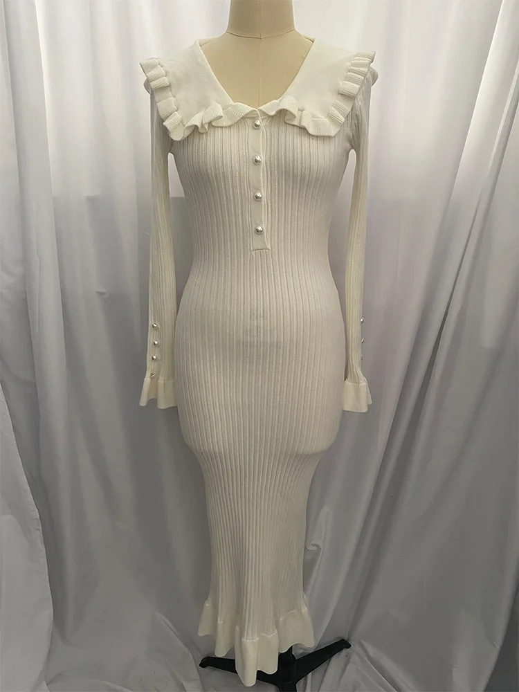 Cryptographic Elegant Knitted Ruffle Trim Sweater Dress Outfits for Women Fall Winter Fashion Vintage Midi Dresses Slim Clothes