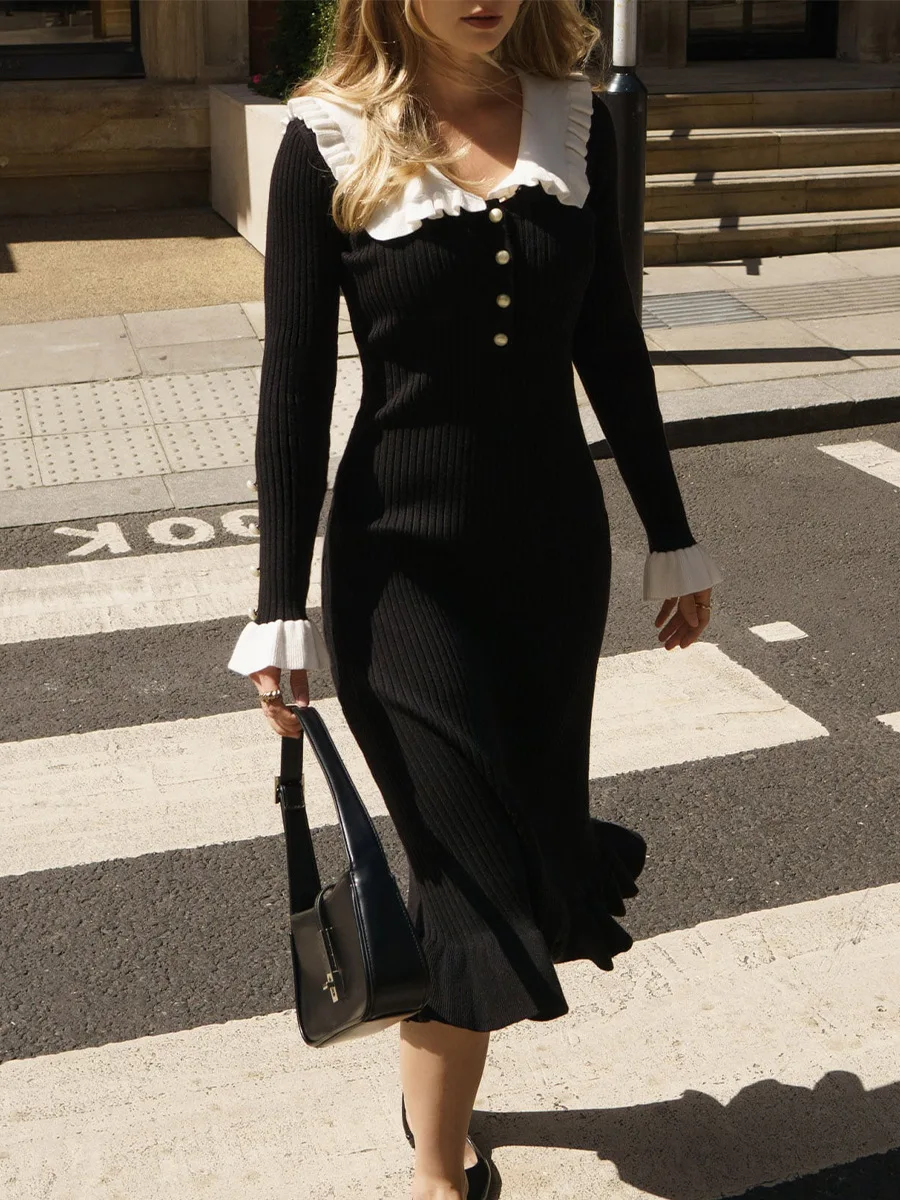 Cryptographic Elegant Knitted Ruffle Trim Sweater Dress Outfits for Women Fall Winter Fashion Vintage Midi Dresses Slim Clothes