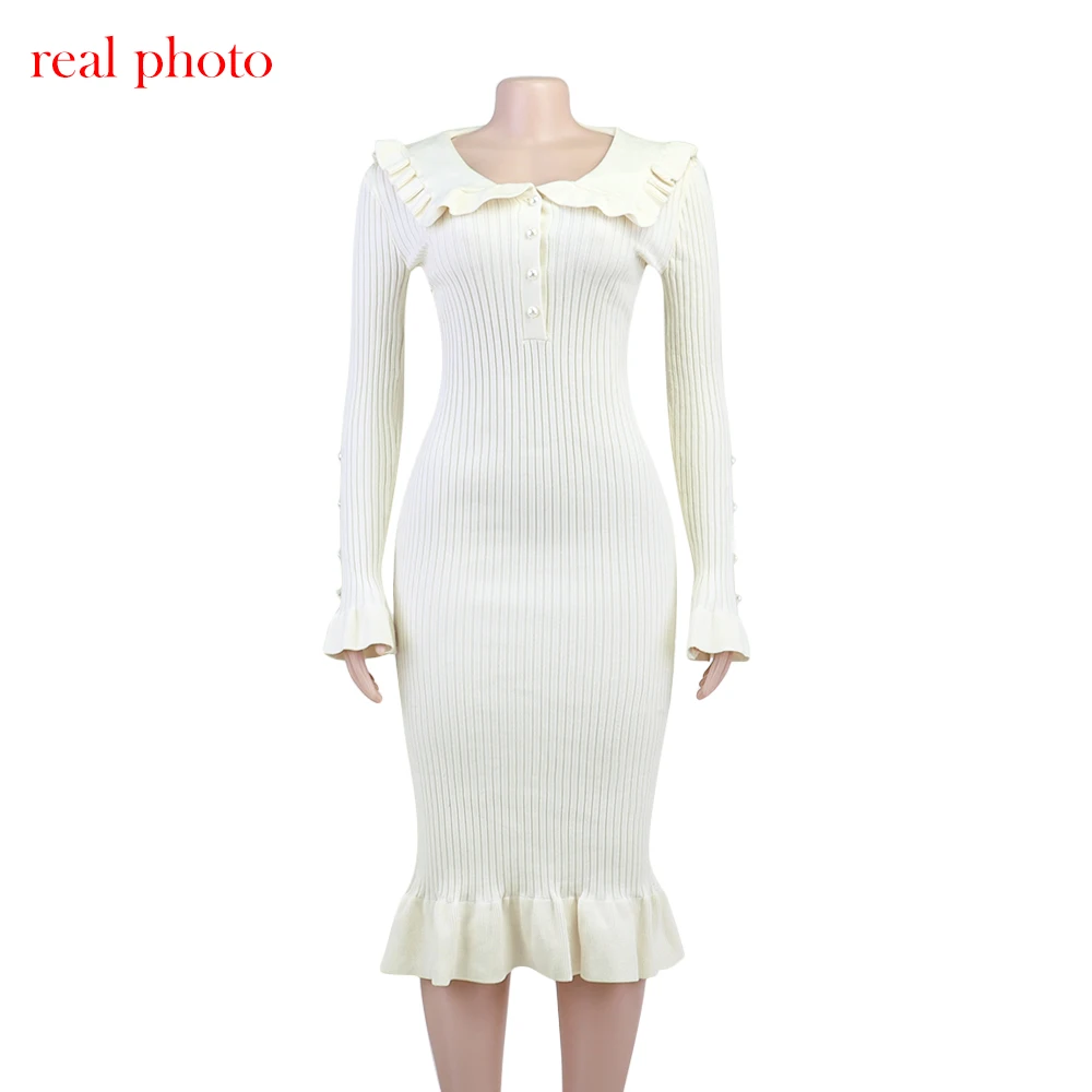 Cryptographic Elegant Knitted Ruffle Trim Sweater Dress Outfits for Women Fall Winter Fashion Vintage Midi Dresses Slim Clothes