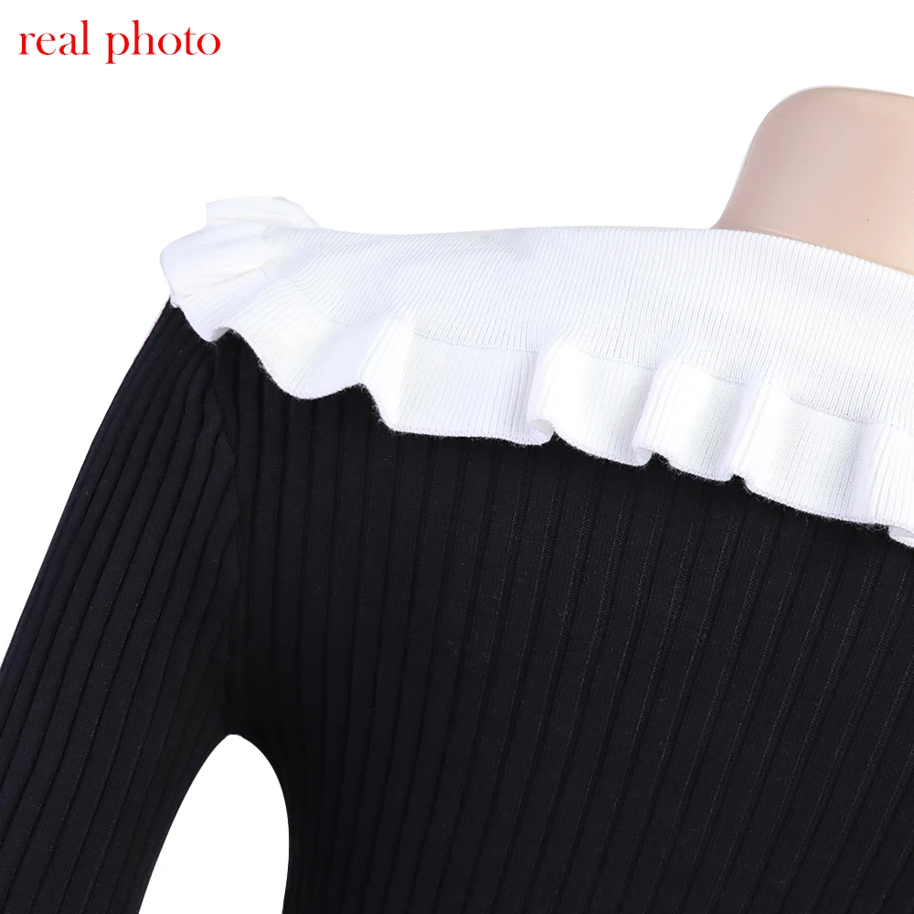 Cryptographic Elegant Knitted Ruffle Trim Sweater Dress Outfits for Women Fall Winter Fashion Vintage Midi Dresses Slim Clothes