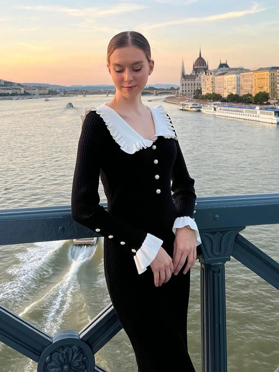 Cryptographic Elegant Knitted Ruffle Trim Sweater Dress Outfits for Women Fall Winter Fashion Vintage Midi Dresses Slim Clothes
