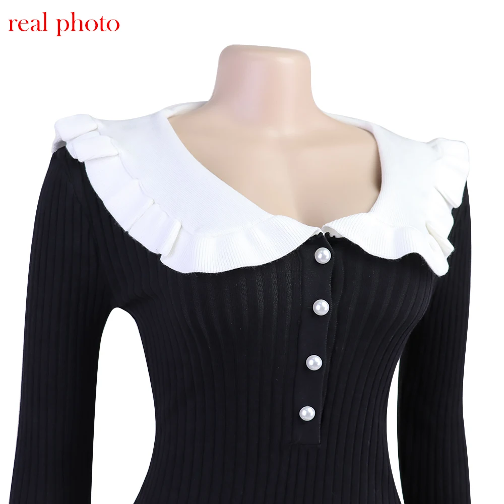 Cryptographic Elegant Knitted Ruffle Trim Sweater Dress Outfits for Women Fall Winter Fashion Vintage Midi Dresses Slim Clothes