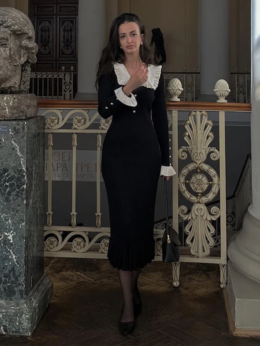 Cryptographic Elegant Knitted Ruffle Trim Sweater Dress Outfits for Women Fall Winter Fashion Vintage Midi Dresses Slim Clothes