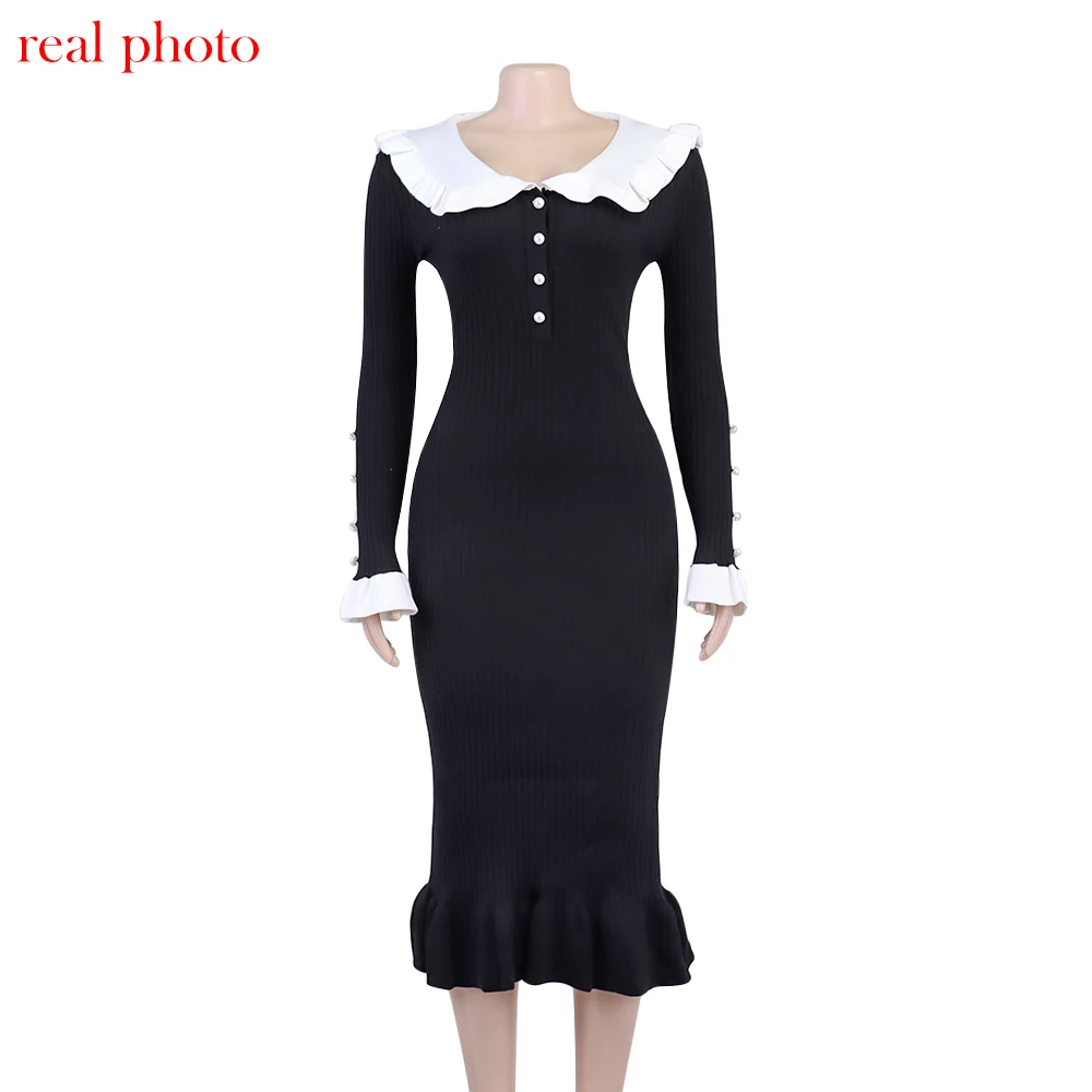 Cryptographic Elegant Knitted Ruffle Trim Sweater Dress Outfits for Women Fall Winter Fashion Vintage Midi Dresses Slim Clothes
