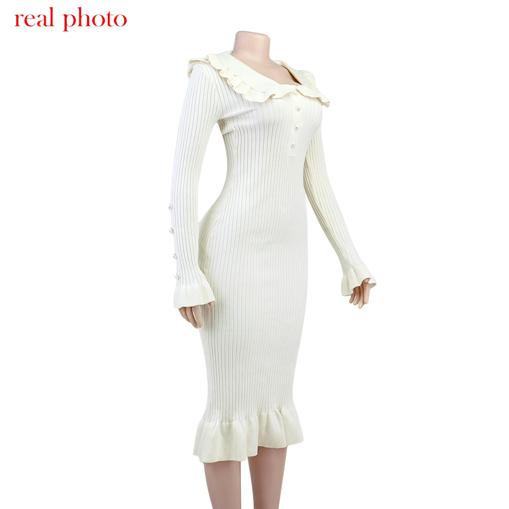 Cryptographic Elegant Knitted Ruffle Trim Sweater Dress Outfits for Women Fall Winter Fashion Vintage Midi Dresses Slim Clothes