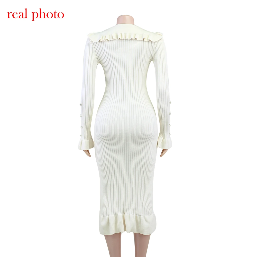 Cryptographic Elegant Knitted Ruffle Trim Sweater Dress Outfits for Women Fall Winter Fashion Vintage Midi Dresses Slim Clothes