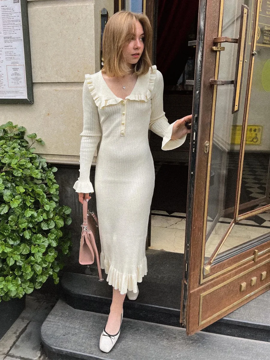 Cryptographic Elegant Knitted Ruffle Trim Sweater Dress Outfits for Women Fall Winter Fashion Vintage Midi Dresses Slim Clothes