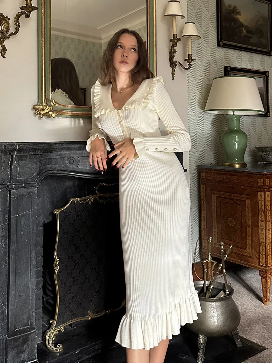 Cryptographic Elegant Knitted Ruffle Trim Sweater Dress Outfits for Women Fall Winter Fashion Vintage Midi Dresses Slim Clothes