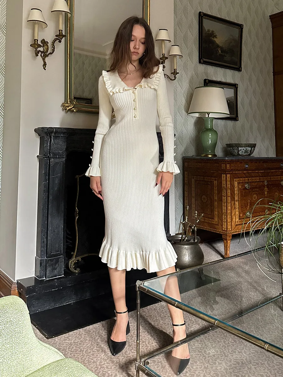 Cryptographic Elegant Knitted Ruffle Trim Sweater Dress Outfits for Women Fall Winter Fashion Vintage Midi Dresses Slim Clothes