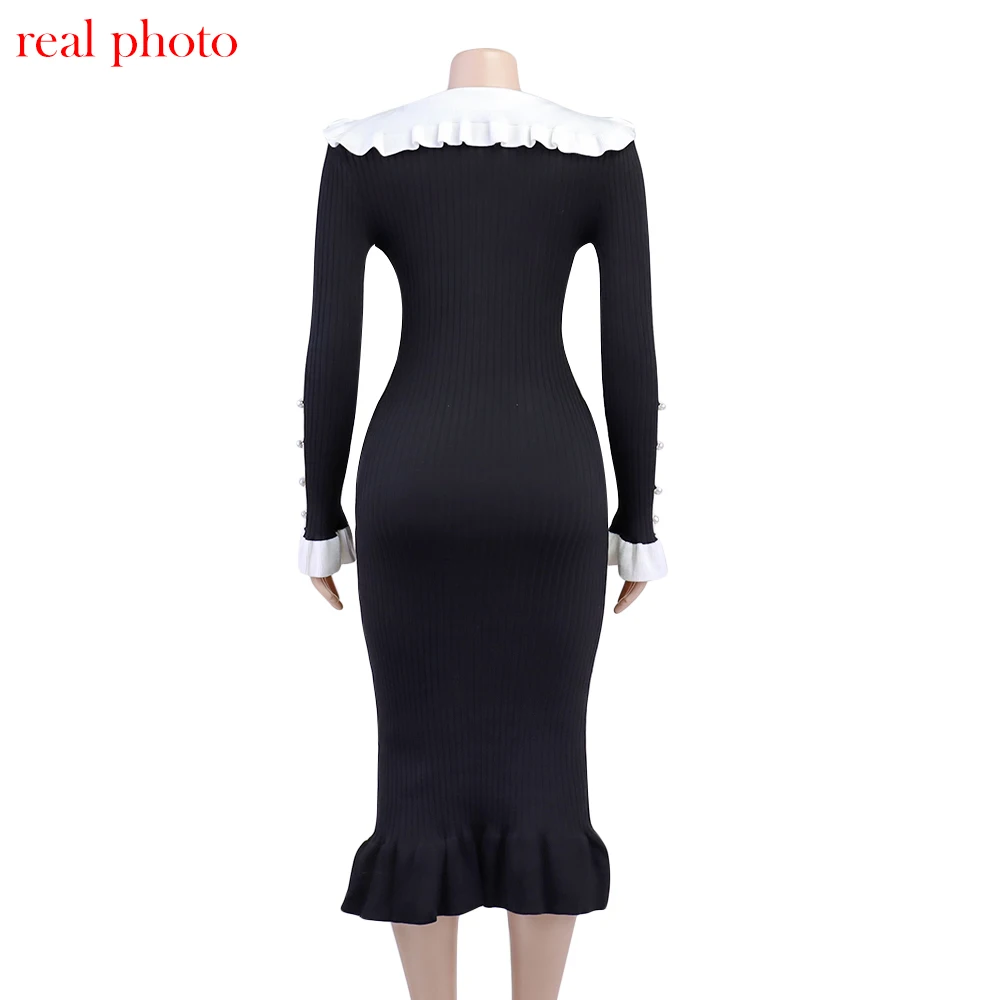 Cryptographic Elegant Knitted Ruffle Trim Sweater Dress Outfits for Women Fall Winter Fashion Vintage Midi Dresses Slim Clothes
