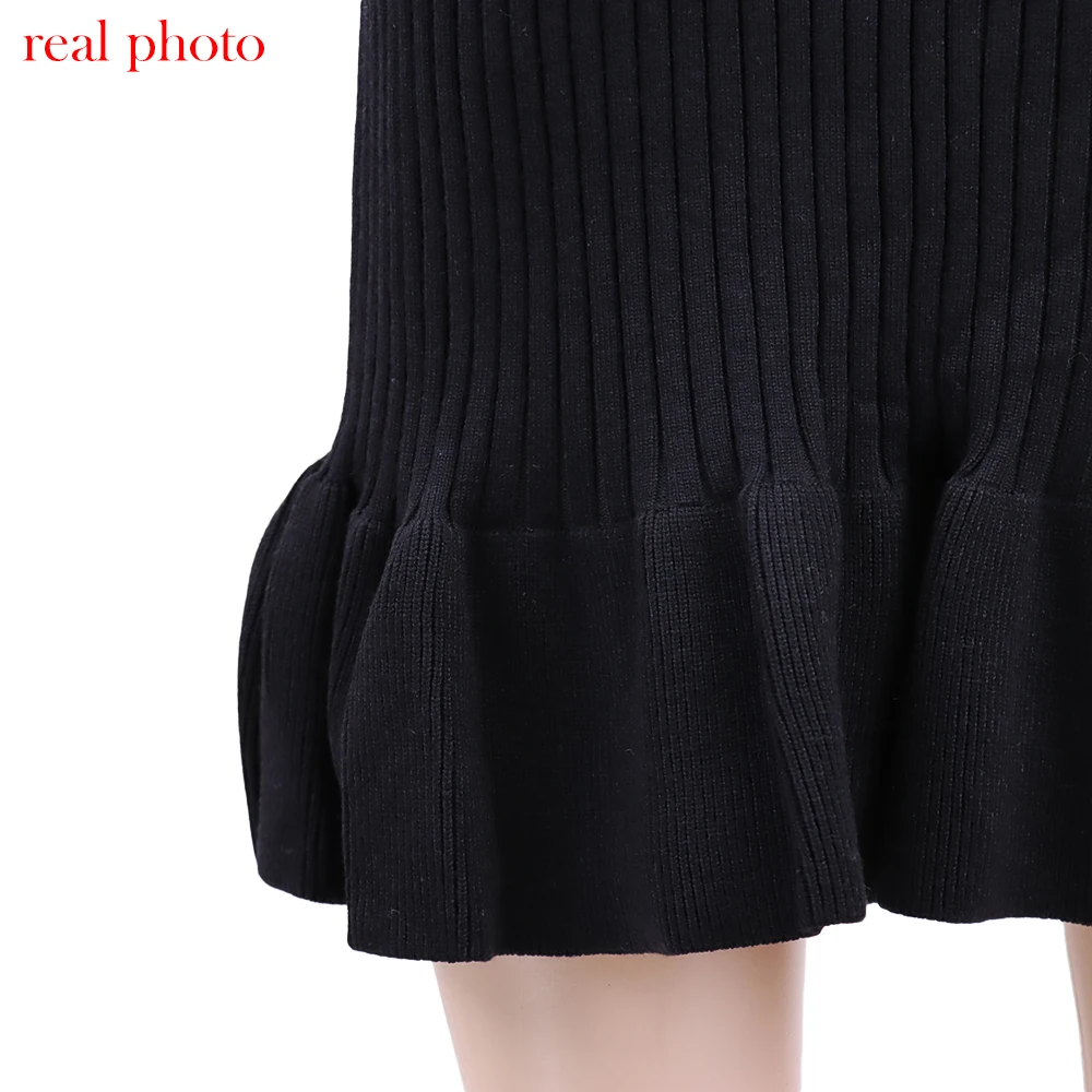 Cryptographic Elegant Knitted Ruffle Trim Sweater Dress Outfits for Women Fall Winter Fashion Vintage Midi Dresses Slim Clothes