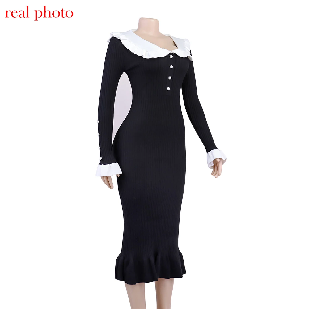 Cryptographic Elegant Knitted Ruffle Trim Sweater Dress Outfits for Women Fall Winter Fashion Vintage Midi Dresses Slim Clothes