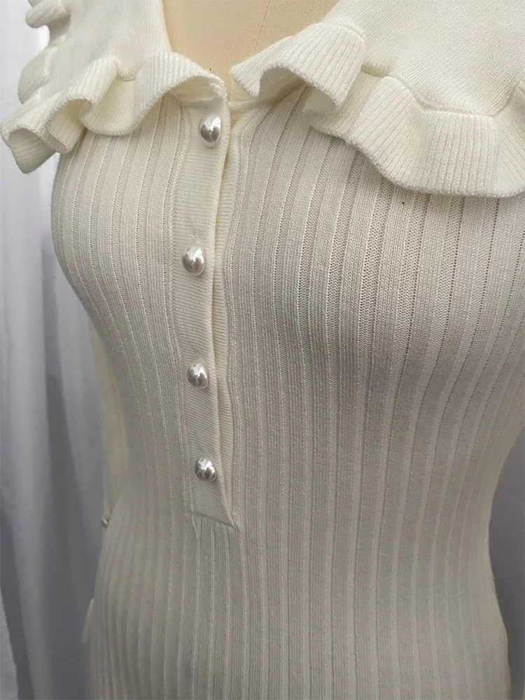 Cryptographic Elegant Knitted Ruffle Trim Sweater Dress Outfits for Women Fall Winter Fashion Vintage Midi Dresses Slim Clothes