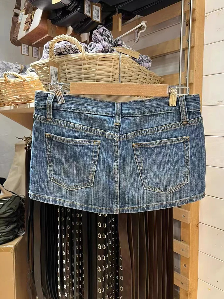 Vintage Denim Straight Mini Skirts Women Sexy Low Waist Pockets A-line Short Faldas Casual Streetwear Summer Cotton Skirt Y2k