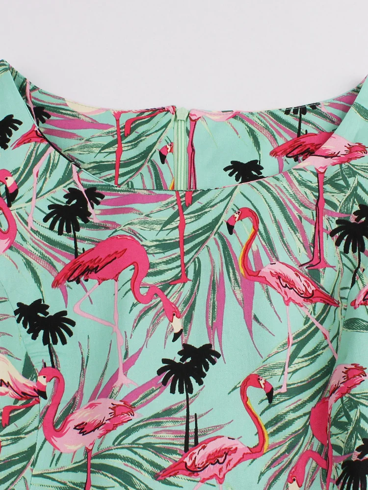 Tonval Flamingo Print High Waist Pinup Retro Dress S to 4XL 95% Cotton Women O-Neck Sleeveless Summer 50s Vintage Dresses