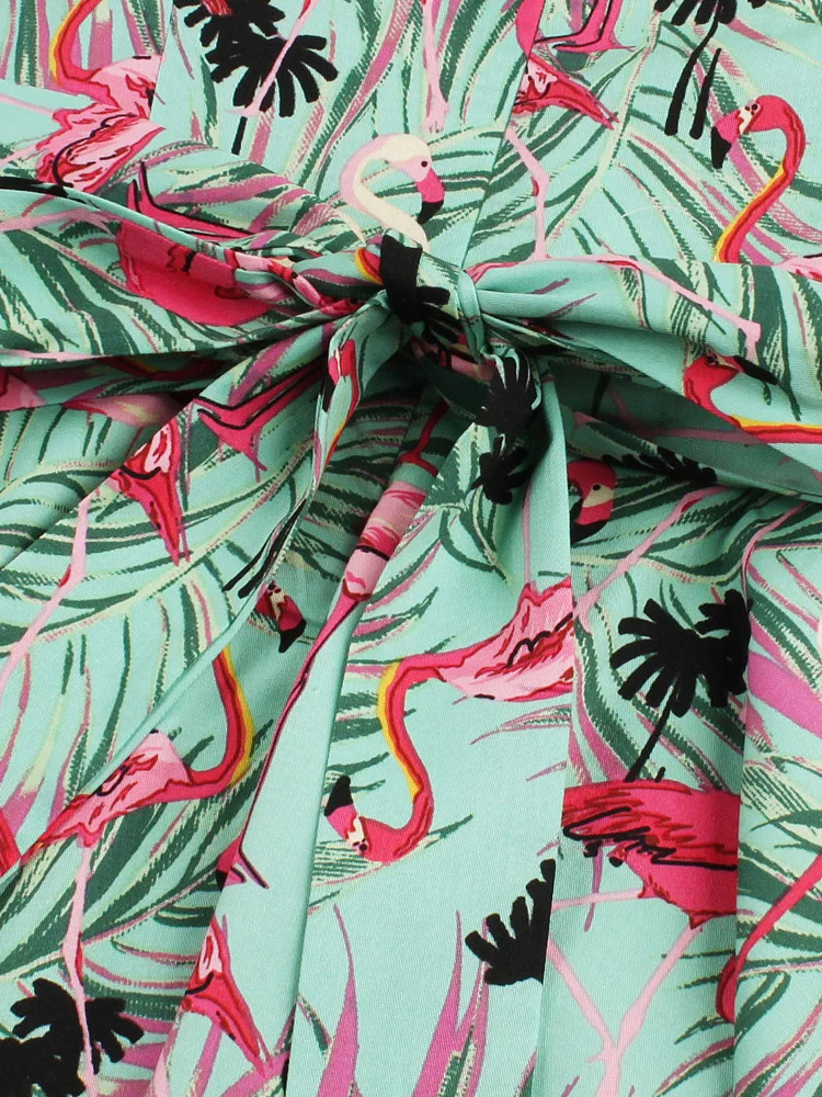 Tonval Flamingo Print High Waist Pinup Retro Dress S to 4XL 95% Cotton Women O-Neck Sleeveless Summer 50s Vintage Dresses