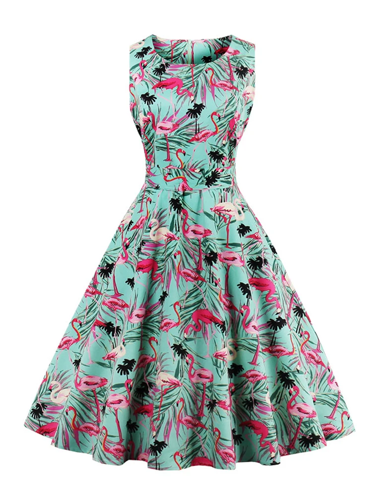 Tonval Flamingo Print High Waist Pinup Retro Dress S to 4XL 95% Cotton Women O-Neck Sleeveless Summer 50s Vintage Dresses