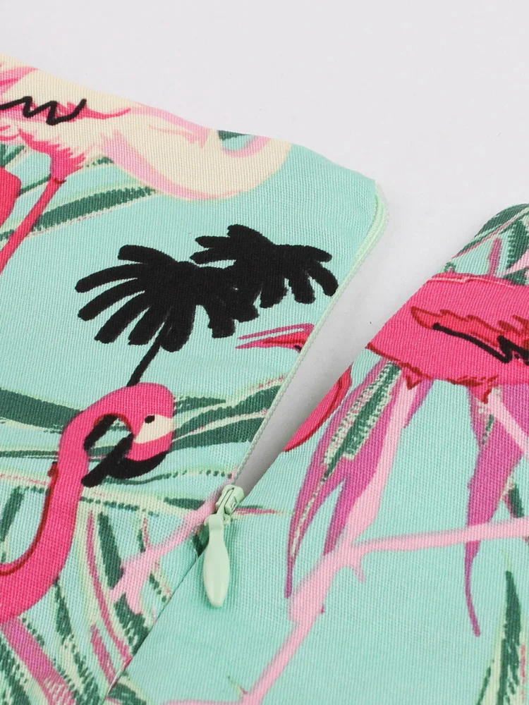 Tonval Flamingo Print High Waist Pinup Retro Dress S to 4XL 95% Cotton Women O-Neck Sleeveless Summer 50s Vintage Dresses